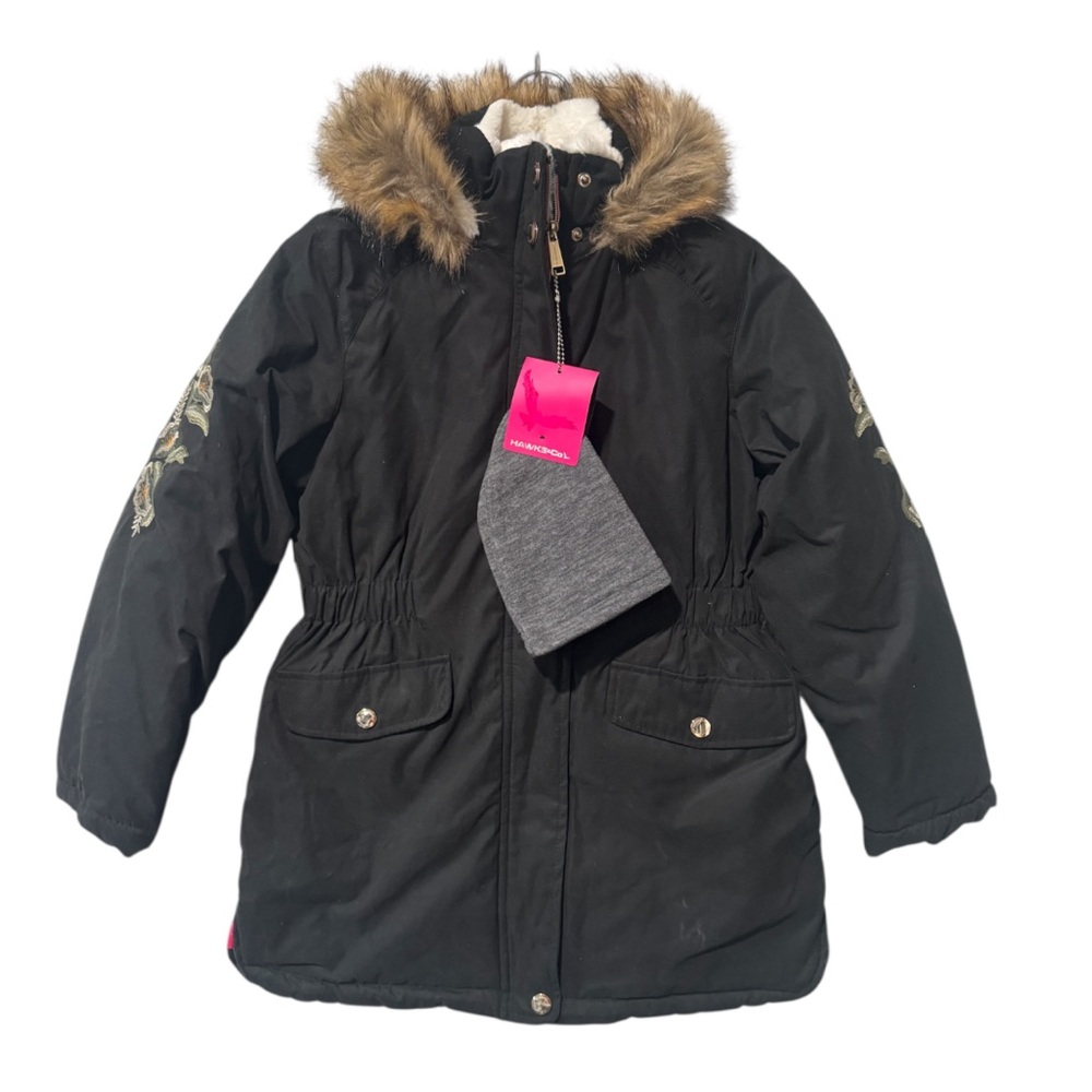 Hawke & Co Black Kids Puffer Jacket with Fur Trim and embroidered sleeves -7/8